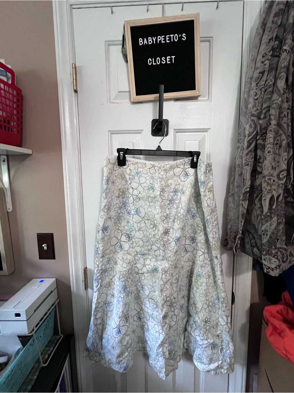 Kim Rogers White A-Line Skirt with Pastel Blue and Green Floral Print